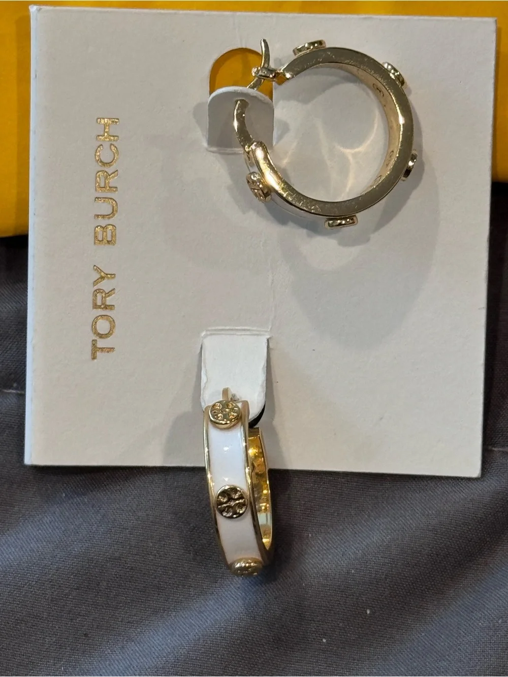 Tory Burch Gold and White Enamel Logo Accent Hoop Earrings